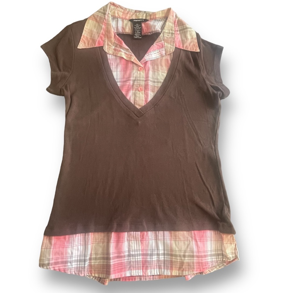 Y2K Anxiety Brown/Pink/Cream Sweater/Blouse Combo Shirt Girls Size XL